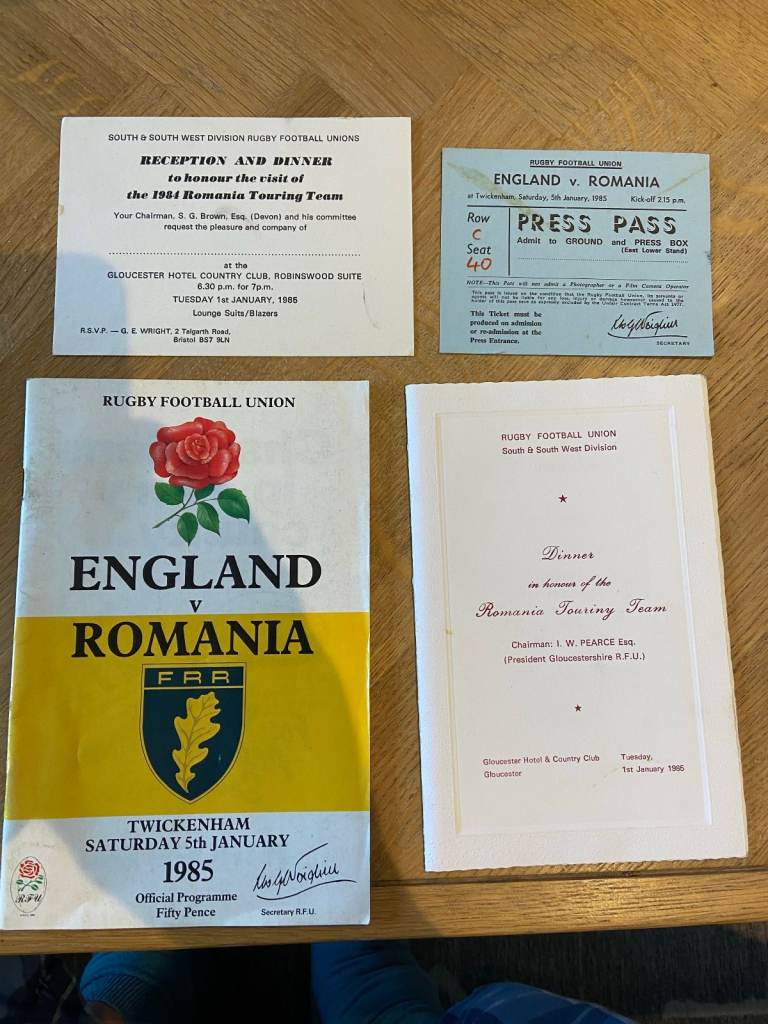 Rugby Programme Signed Autographed England v Romania 1985 Dinner Menu, Press Pass