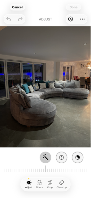 Large Grey Curved Sofa with Teal Cushions – Good Condition