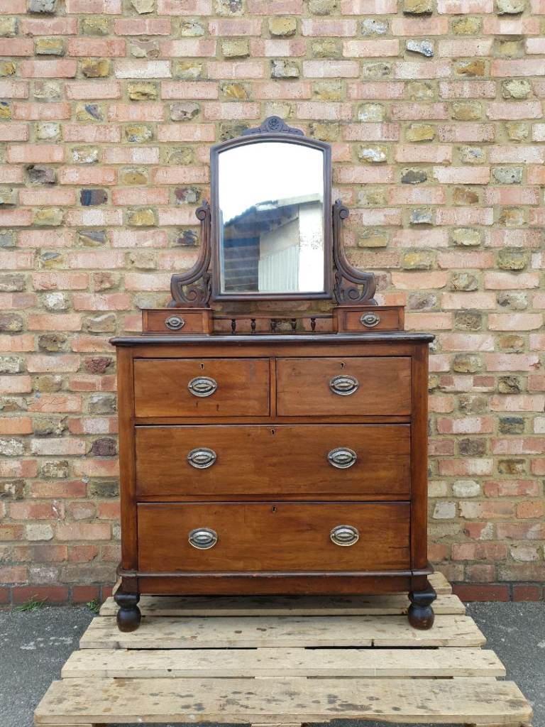 Antique Victorian Mahogany Chest Of Drawers Dressing Table With Mirror Dresser