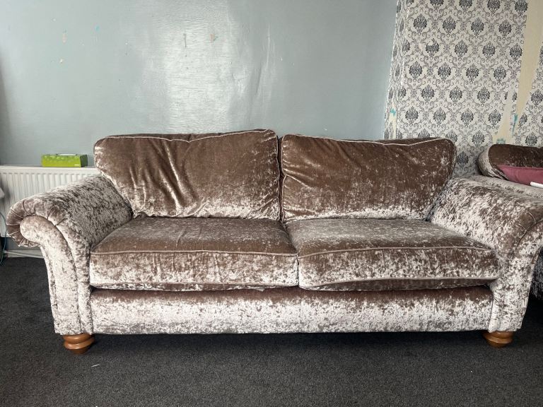 Two 3 seater Crushed Velvet Sofa Set with Footstool – Good Condition