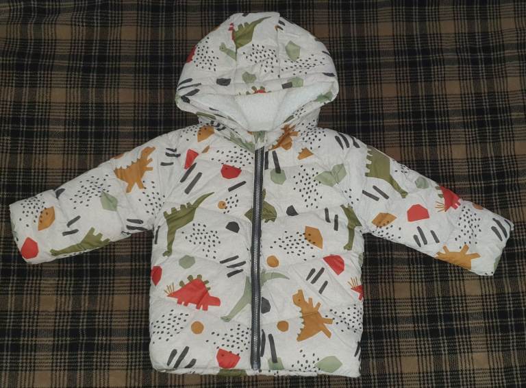FRED & FLO F&F Kids Baby Dinosaur Quilted Puffer Padded Coat Fur 12-18 mths
