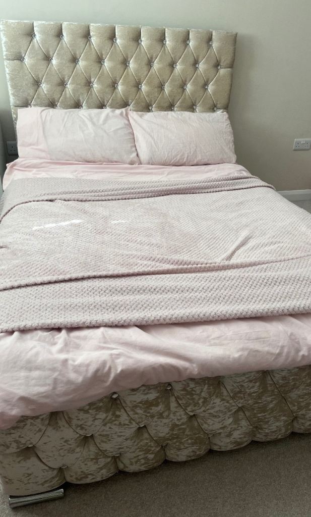 Double Bed with Velvet Headboard and Base – Good Condition