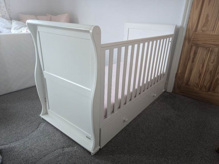 White sleigh cot bed with drawer. East coast