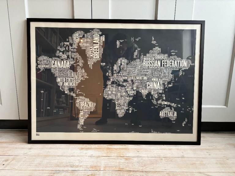 'World' Type Map Print in Sheer Slate, Bold & Noble Framed A1