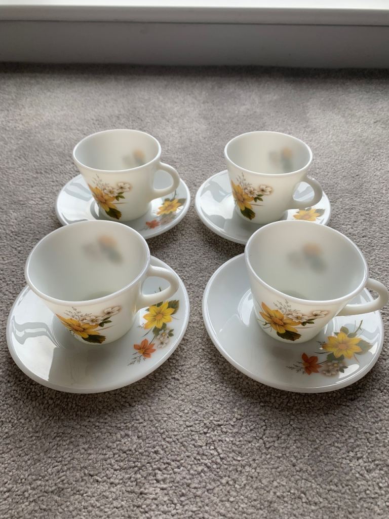 Vintage JAJ Pyrex Milk Glass Cups & Saucer set Autumn Glory Pristine Condition
