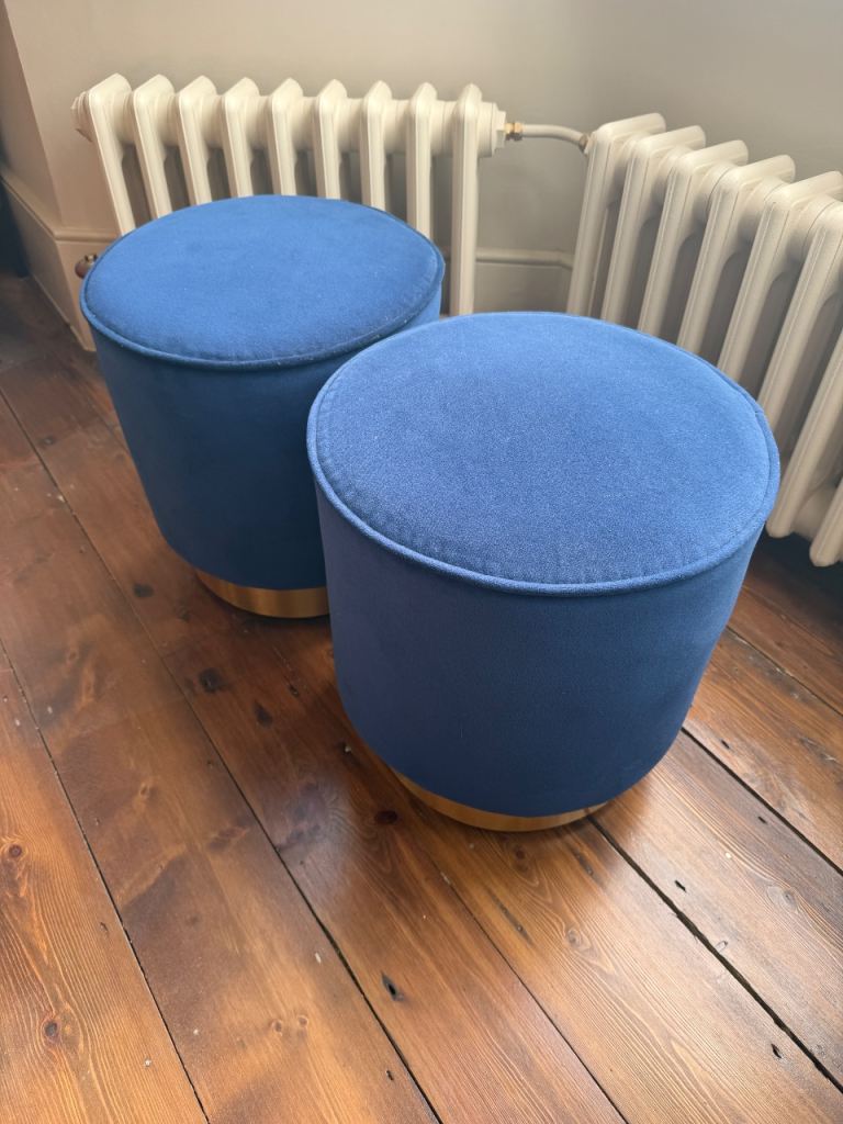 REDUCED: Pair of MADE Blue Velvet Stools with Gold Base – Superb Condition