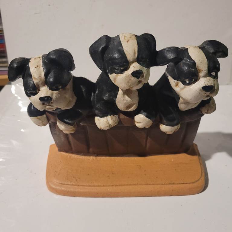 cast iron door stop vintage 3 black and white bulgog puppies  19cm x 13 cm
