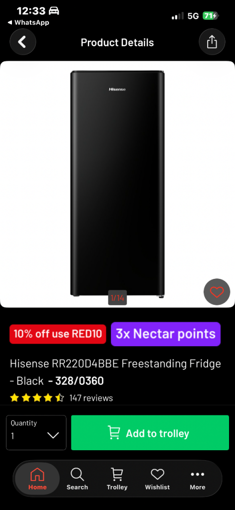 Hisense RR220D4BBE Freestanding Fridge - Black, As Good As New