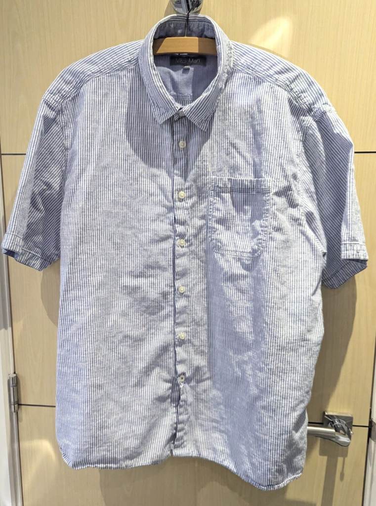MENS M&S MAN SHORT SLEEVE SHIRT BLUE WHITE STRIPE COTTON XXL 47-49 IN 119-125 CM