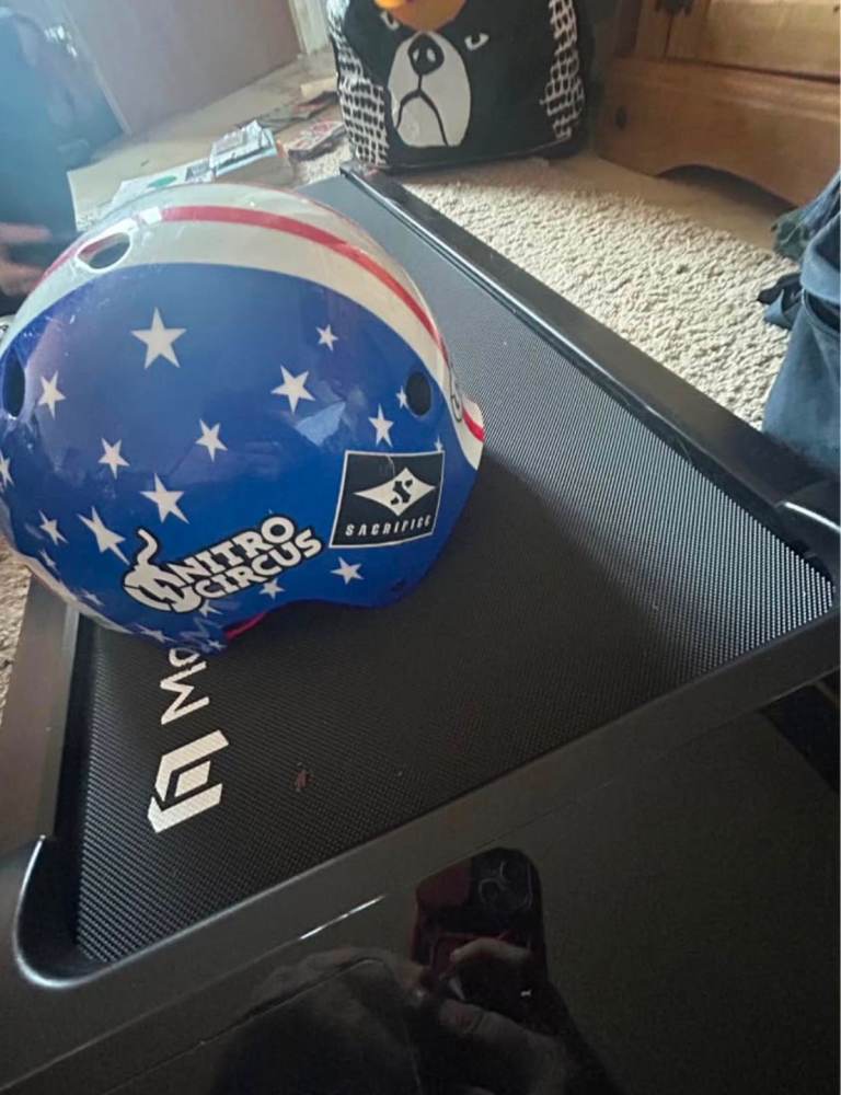 Nitro circus Youth Skateboarding Helmet Blue Stars & Stripes with Red Straps