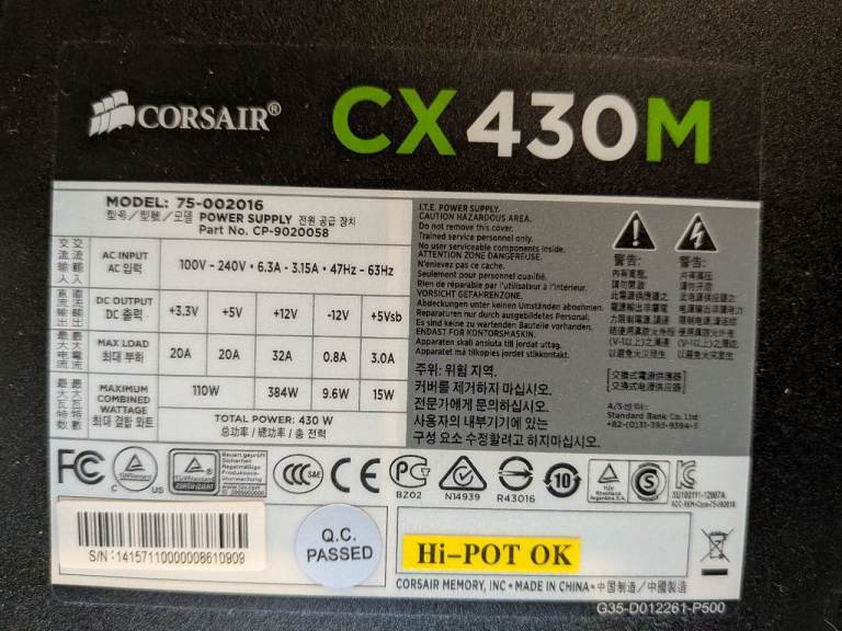 Corsair CX430M 430W 80+ Bronze Semi-Modular PSU - All Cables & Screws