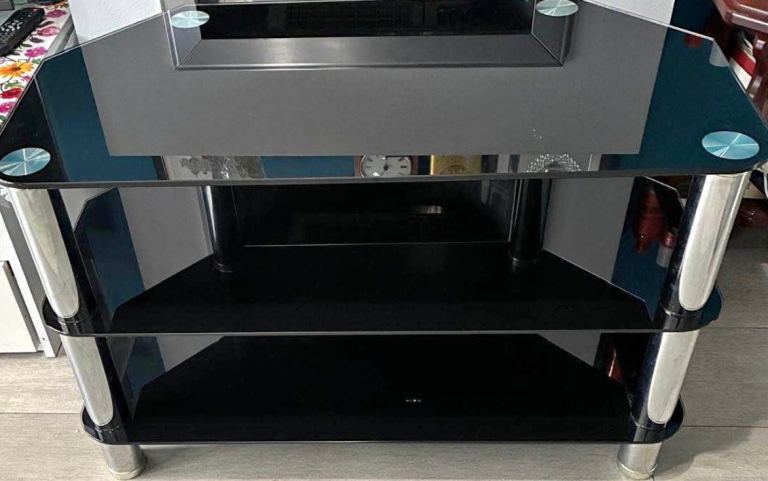 Black Glass TV Stand with 3 Shelves – Good Condition