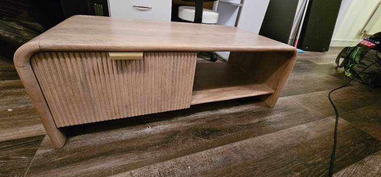  Tahira COFFEE TABLES Boho Rustic Solid Light Mango Wood And Brass 1 Drawer 2 Tier Coffee Table 