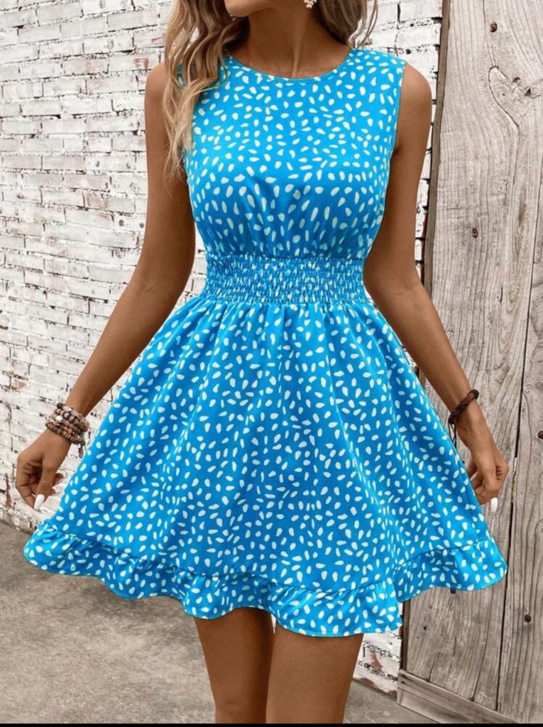 New, Size Medium Will Fit Size 12 & 14 Blue Dress, Elasticated Waist, Stretchy 