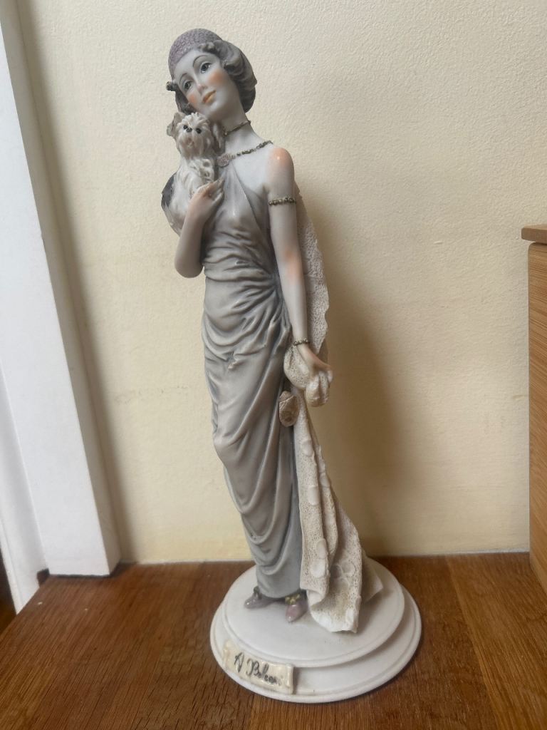 Elegant Decorative Figurine of Lady with Dog, Grey Tones