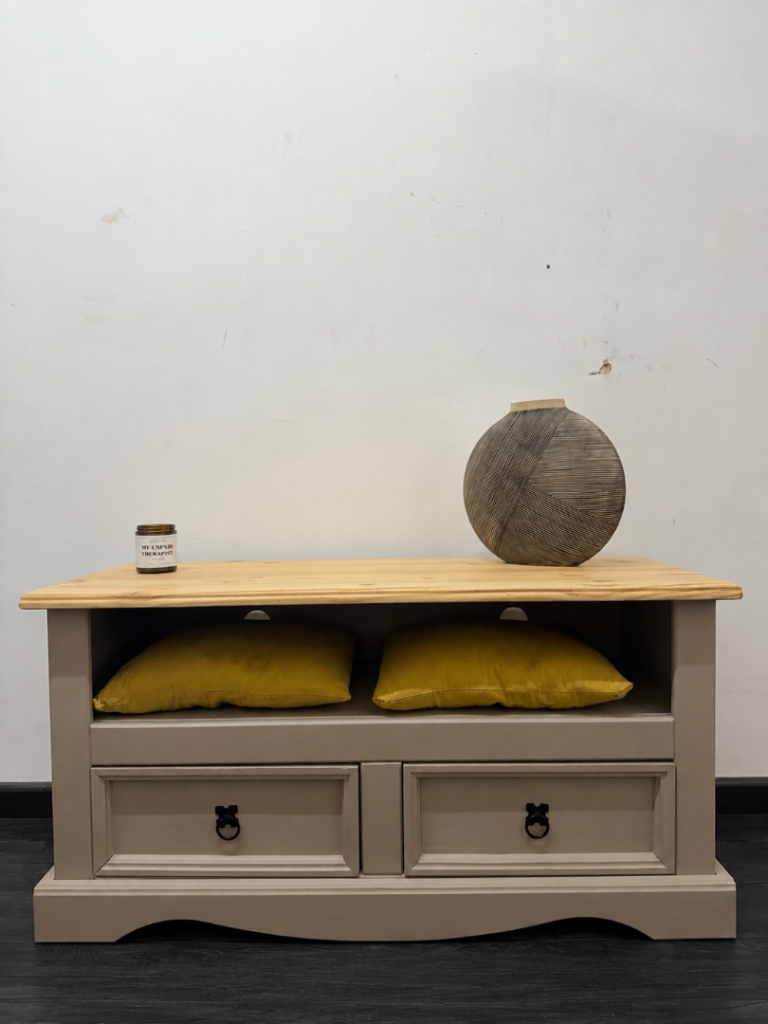 Solid beige Wood TV Stand/ Hallway bench with Drawers – As New