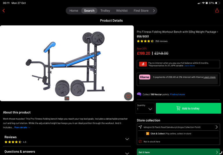 Pro Fitness Folding Workout Bench with 50kg Weight Package