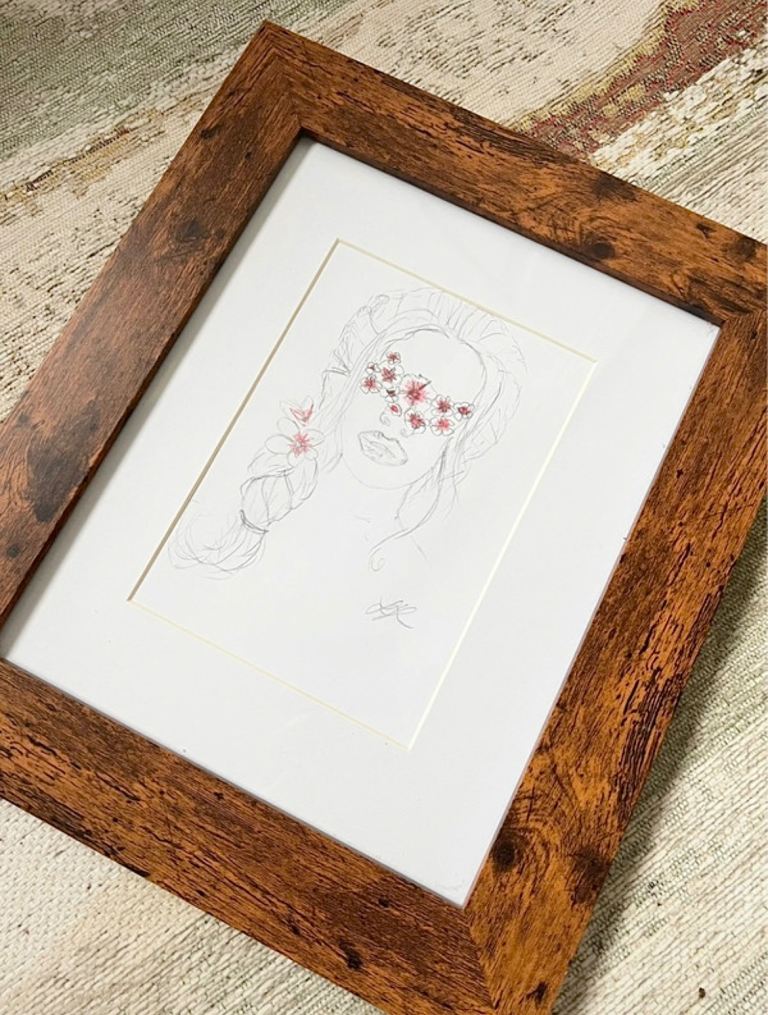 Framed Original Art Pencil Sketch Female Artwork Wall Hanging 