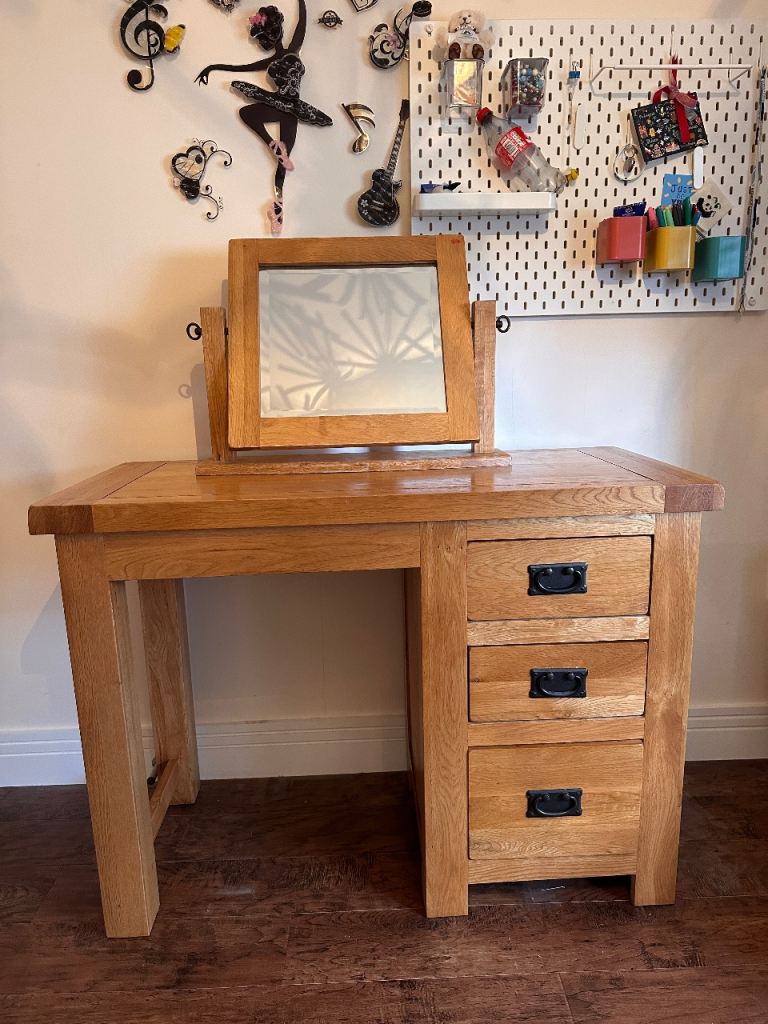Solid Oak Dressing Table / Makeup Table with Matching Mirror Set