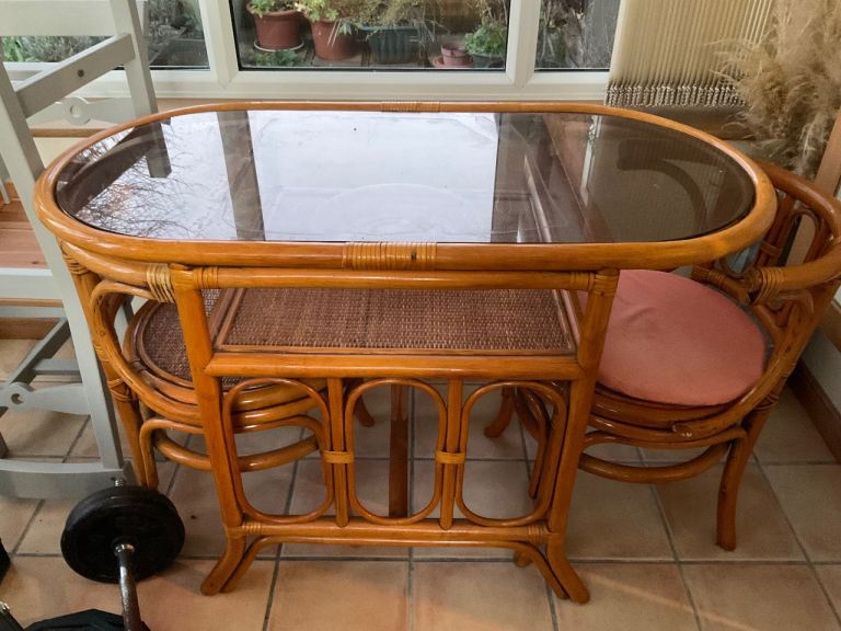 Retro cane glass dining table with 2 chairs