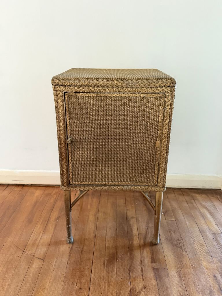 Vintage Wicker Washstand Cabinet with Mirror Retro Rattan Storage Cupboard