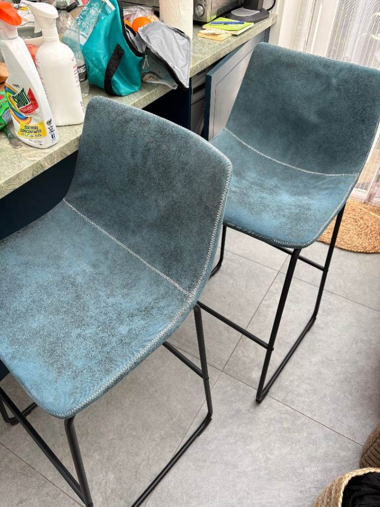 Latitude Run Mateyka Bar Stools x2 – Blue/Teal, 69cm Seat Height, Metal Frame