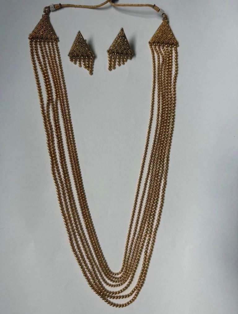 Gold Tone Beaded Necklace & Triangular Earrings Set – As New