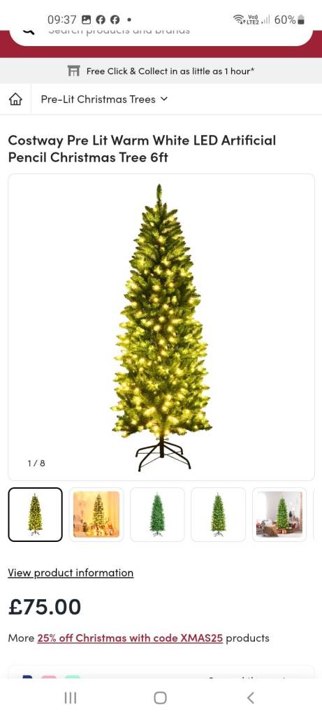 Costway Pre Lit Warm White LED Artificial Pencil Christmas Tree 6ft