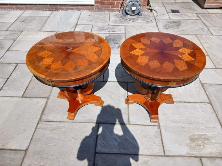 Pair of Regency Style Marquetry Lamp Tables Starburst Inlaid Tops Vintage