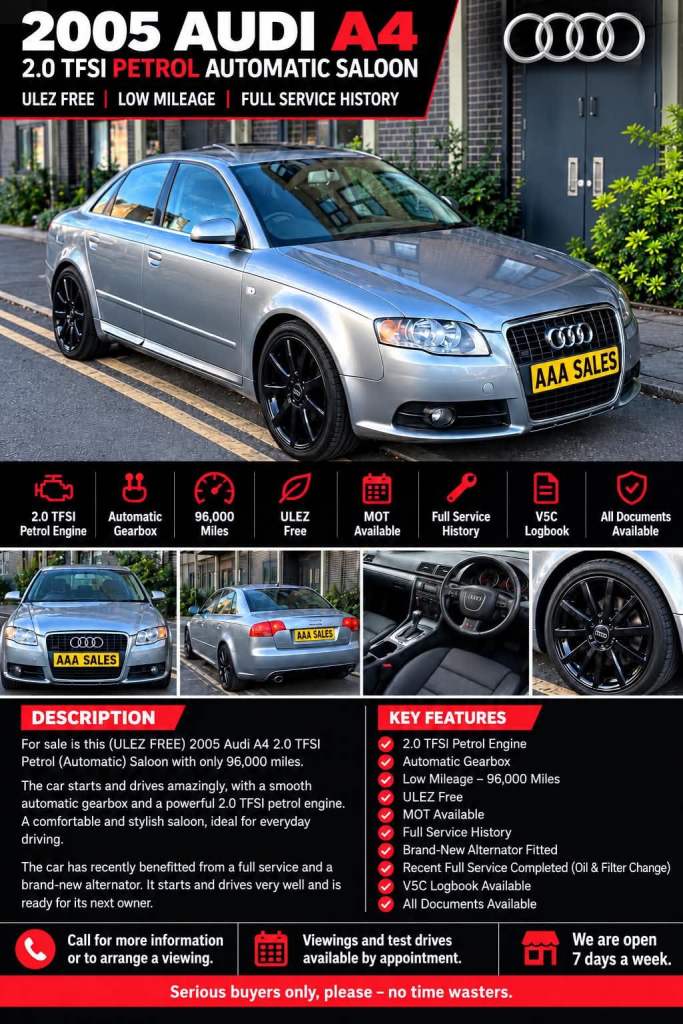 (AUTOMATIC CAR) 2005 AUDI A4 2.0 TFSI Petrol-Saloon-96K Miles-ULEZ Free.