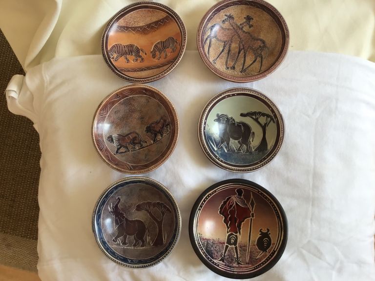 Vintage collectable African carved  soap stone bowl/dishes x 6.zebra,warrior,monkey & more