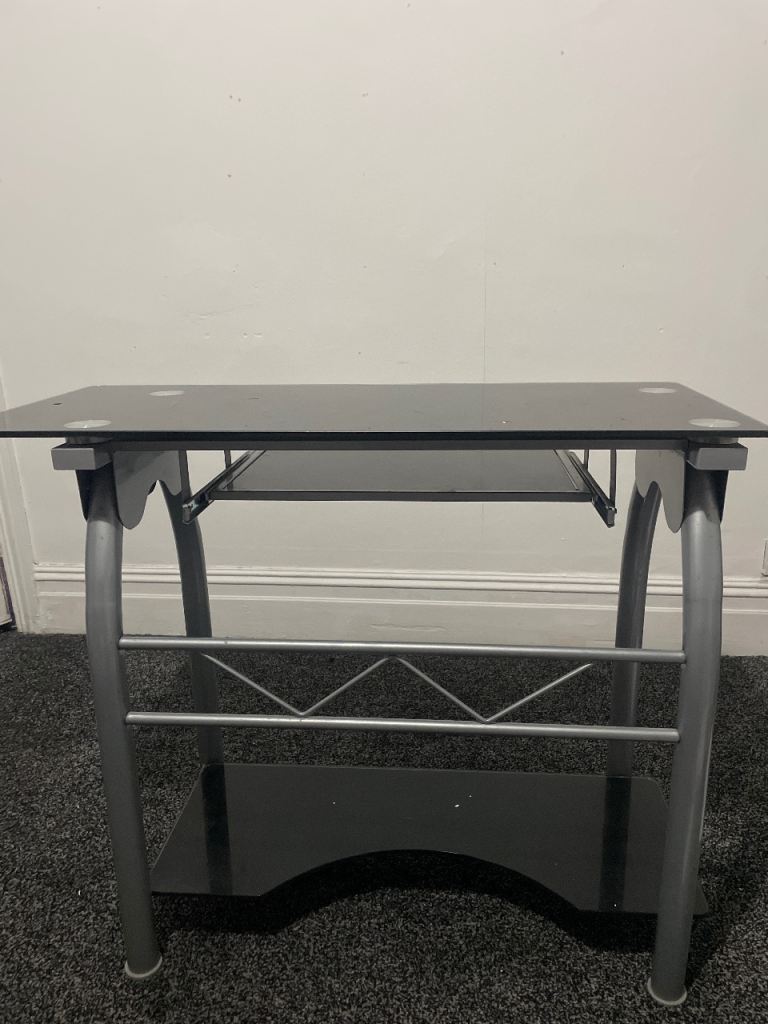 Black and Silver Glass Desk with Shelves – Good Condition