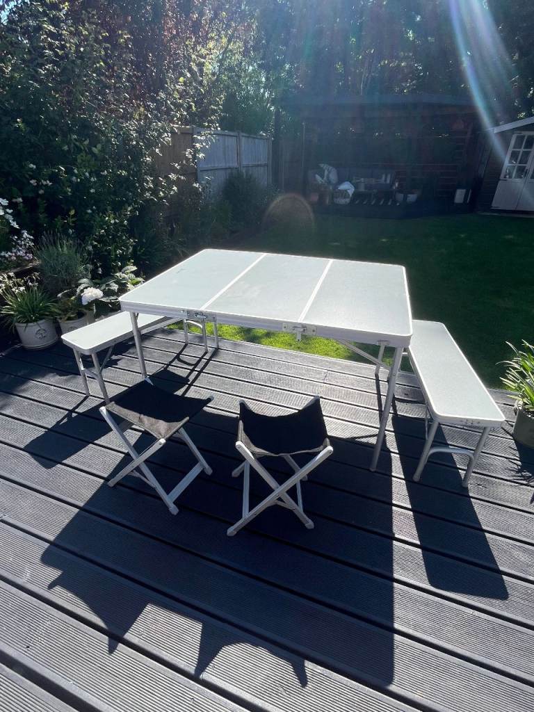 Fold up Camping table with benches and two chairs