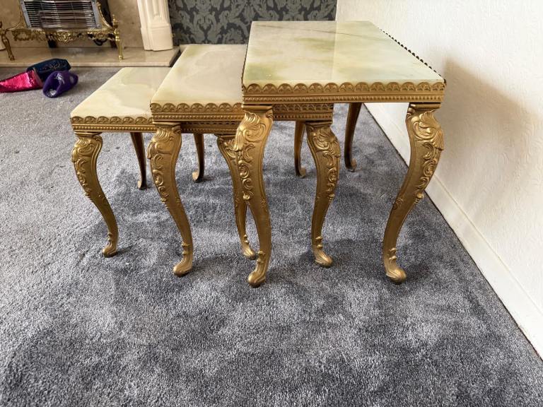 Vintage Gold Nest of Tables with Marble Tops – Good Condition
