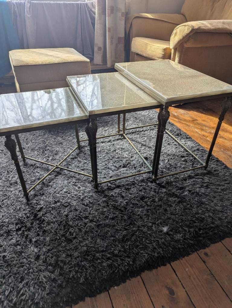 Vintage Brass & Onyx Nest of 3 Tables – Italian Style Mid-Century Side Tables