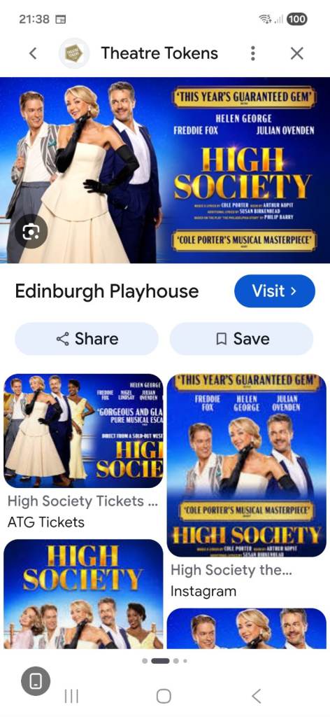High Society tickets x2, Matinee performance, Sat 12.9.26