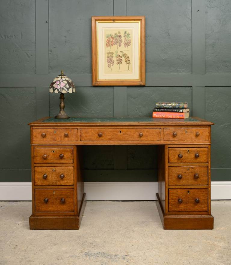 Antique Twin Pedestal Desk with Green Leather - Kneehole Desk