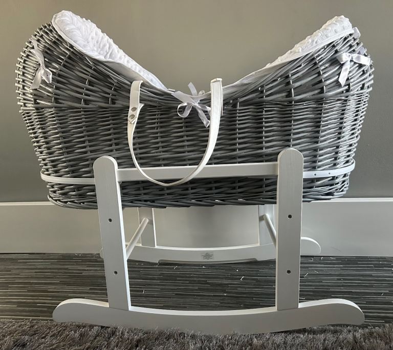 Grey Wicker Moses Basket with White Rocking Stand
