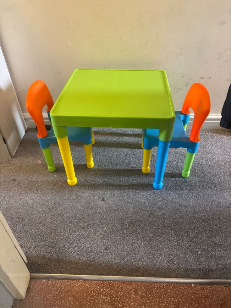 Kids Plastic Table and Two Chairs – Multicoloured, Good Condition