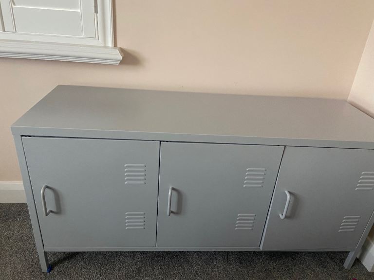 Grey Metal Storage Cabinet with 3 Doors – Good Condition
