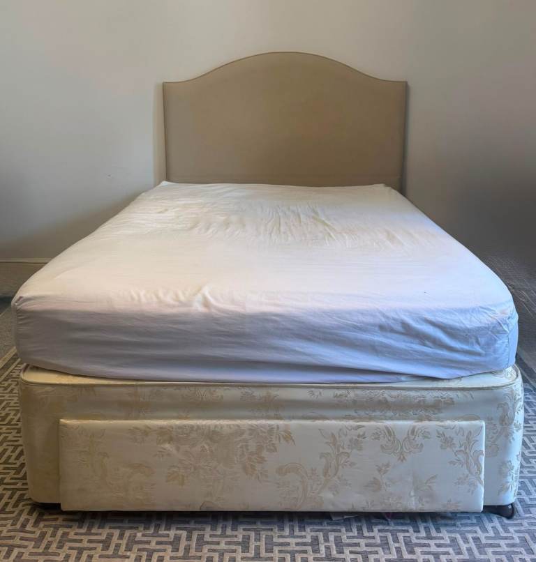 Comfortable Double Bed with Beige Fabric Headboard & Base