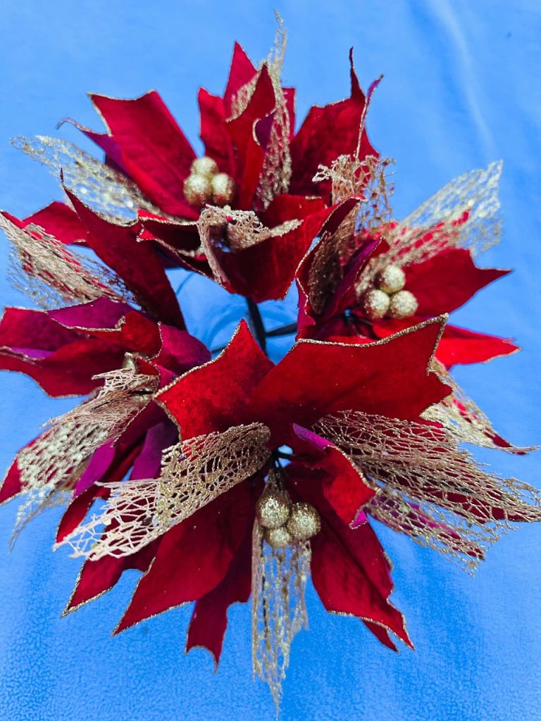 Lovely set of four red and gold poinsettia Christmas decorations