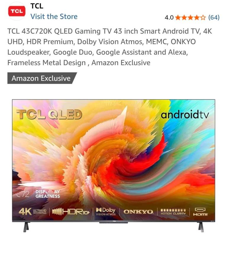 image for TCL 43C720K QLED Gaming TV 43 inch Smart Android TV, 4K UHD, HDR Premium,Read 👇