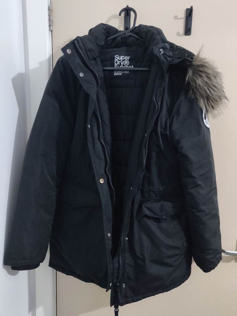 Superdry Everest Mountain Womens Parka Coat Black Faux Fur Hood UK Size 14 