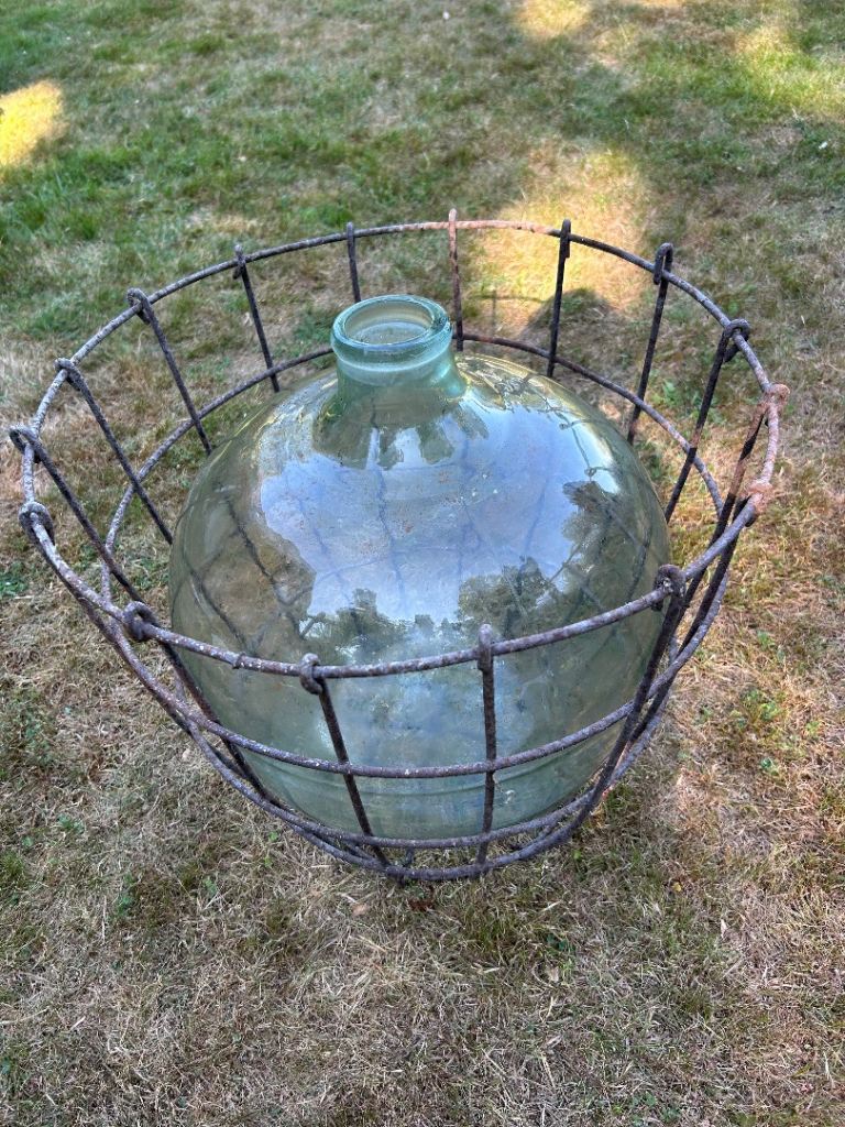 Large Vintage Glass Demijohn Carboy with Metal Crate