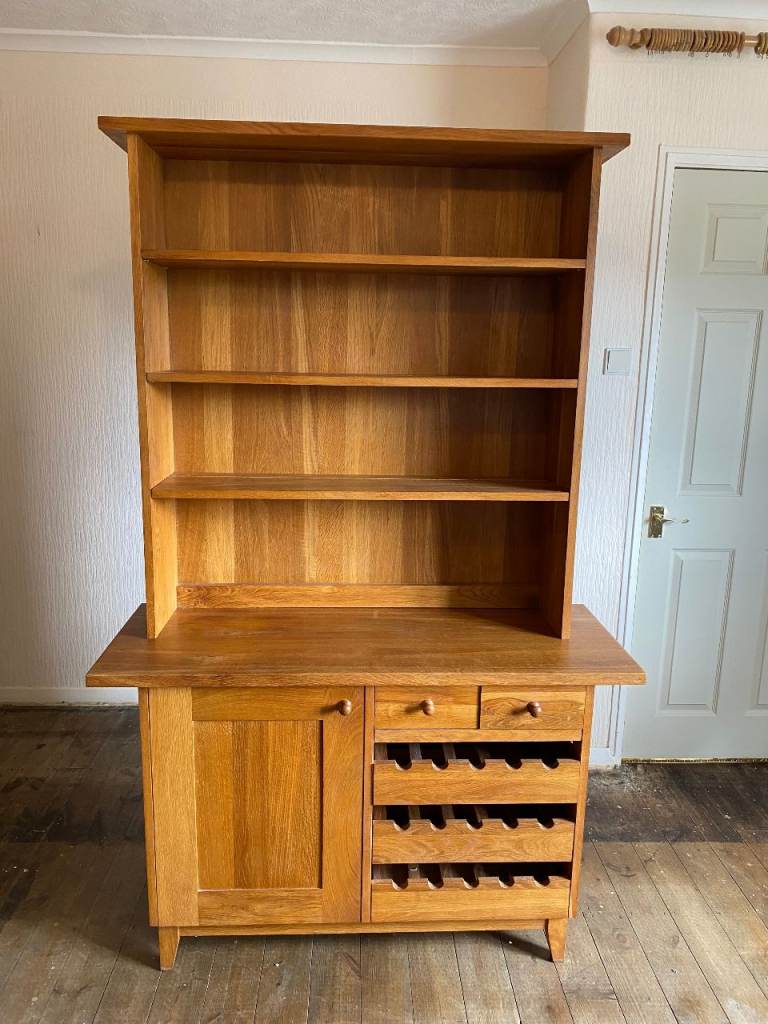 DRESSER / SOLID OAK BOOKCASE WITH CUPBOARD, 2 DRAWERS & WINE RACK EXCELLENT CONDITION
