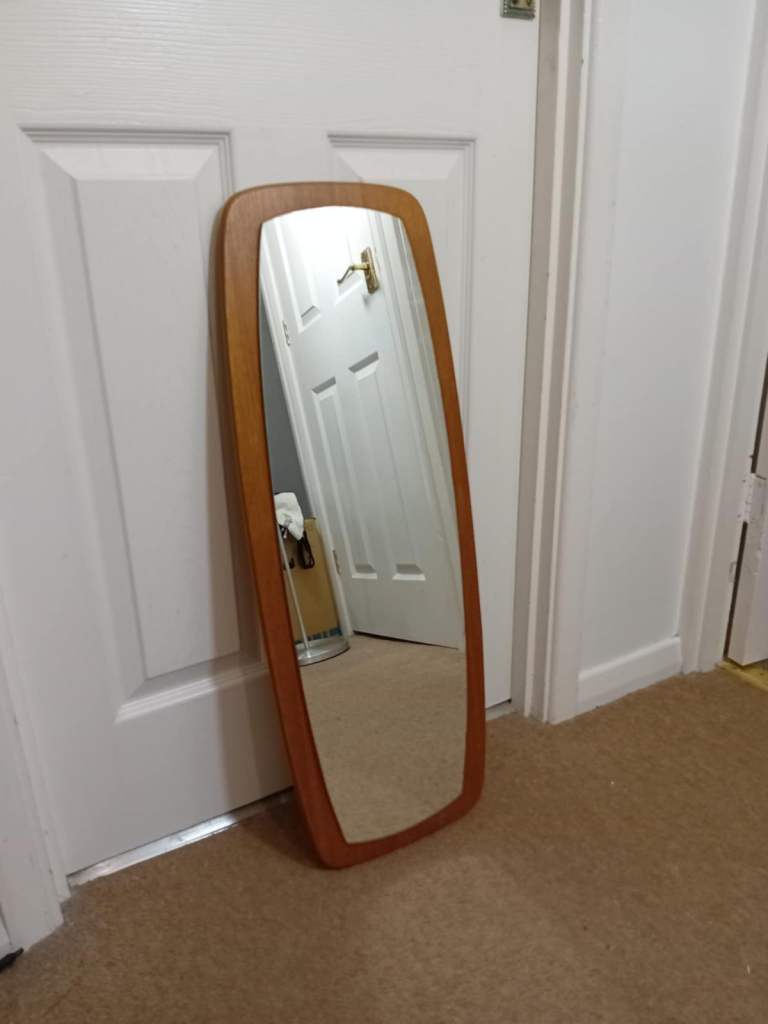 Vintage mid century teak framed wall mirror, hangs portrait or landscape