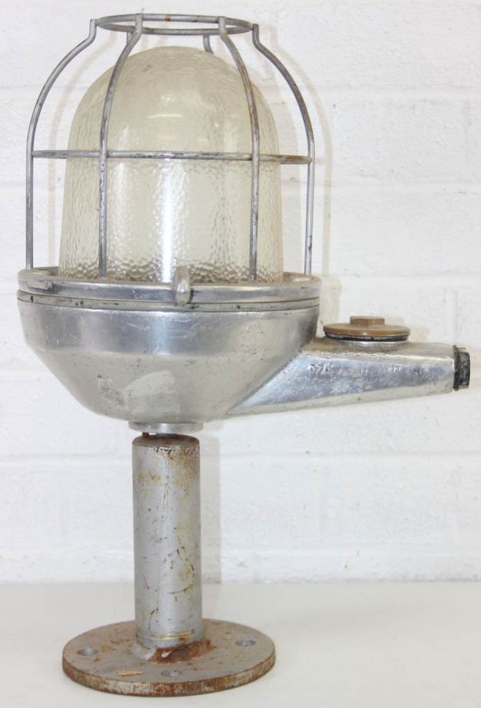 Vintage Industrial Aluminium Bulkhead Lamp with Glass Cage & Bracket - 47cm Tall