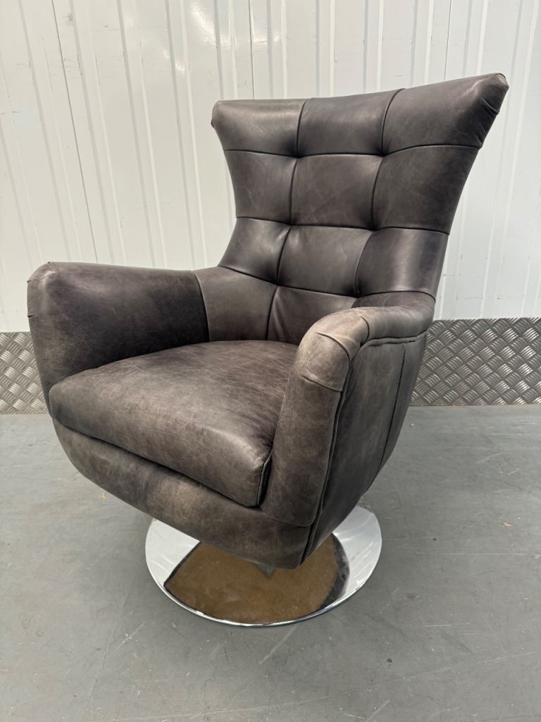 image for Bristol Leather Swivel Occasional Chair in Antique Ebony - Excellent Condition