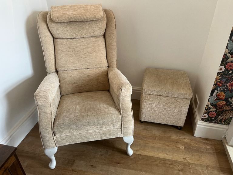Beige armchair & storage footstool 